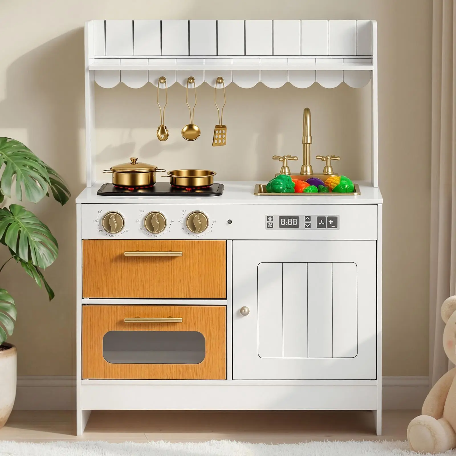 【SummerFinds】VEVOR Wooden Toddler Kitchen Pretend Cooking Set, 6 Interactive Zones with Real Lights & Sounds, Sink, Oven, Stove, Cabinet, Food & Cookware Accessories, for 3-8 Ages, Ideal for Birthdays & Parent-Kid Bonding, Holidays, Parentkid Bonding