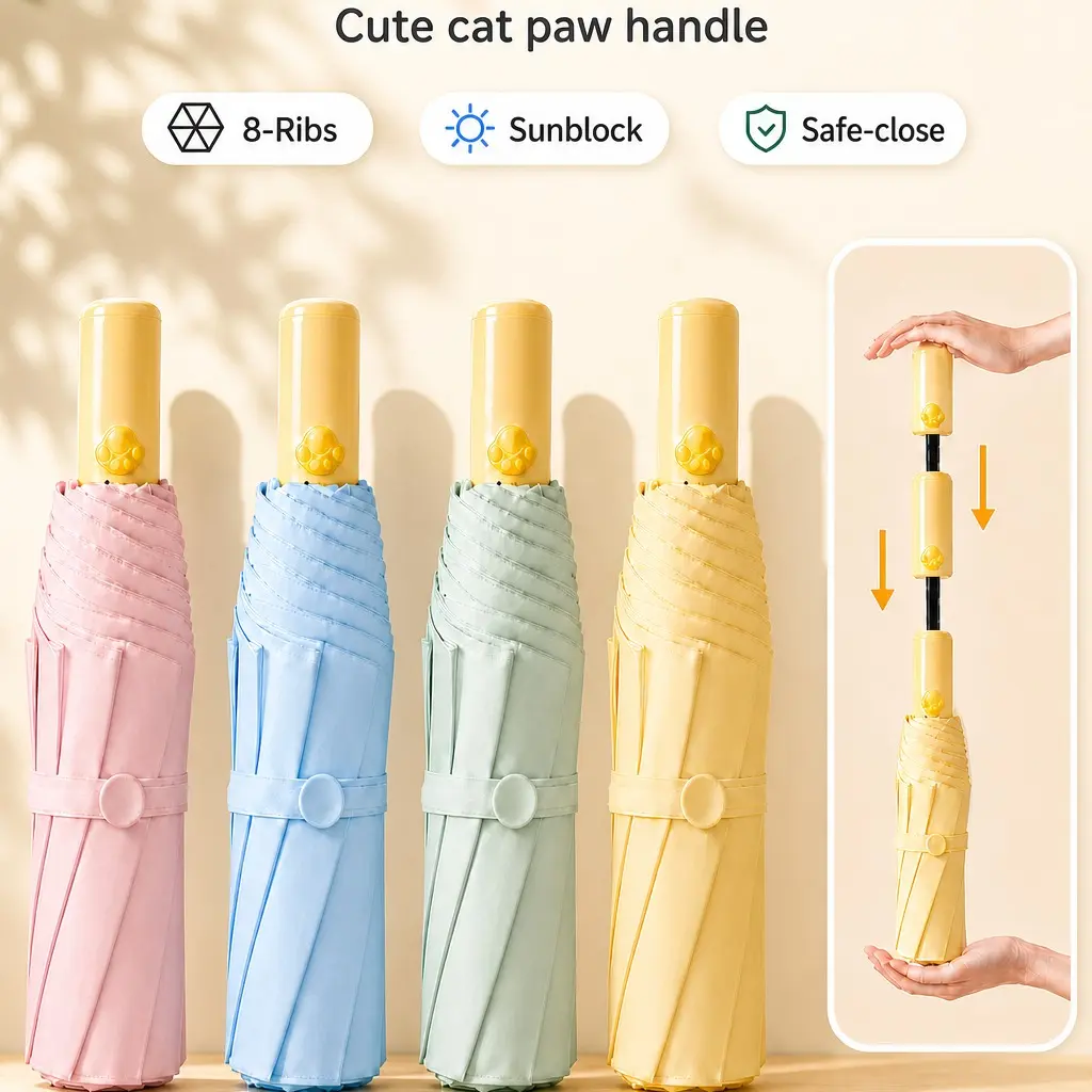 Kids' Pastels 2-Style Automatic Open & Close Folding Umbrella - Nylon Fiberglass, Comfortable Rounded Safety Tip, Anti-Rebound Multi-Stop Design, Sun Rain Waterproof Protection, Lightweight Portable with Name Tag