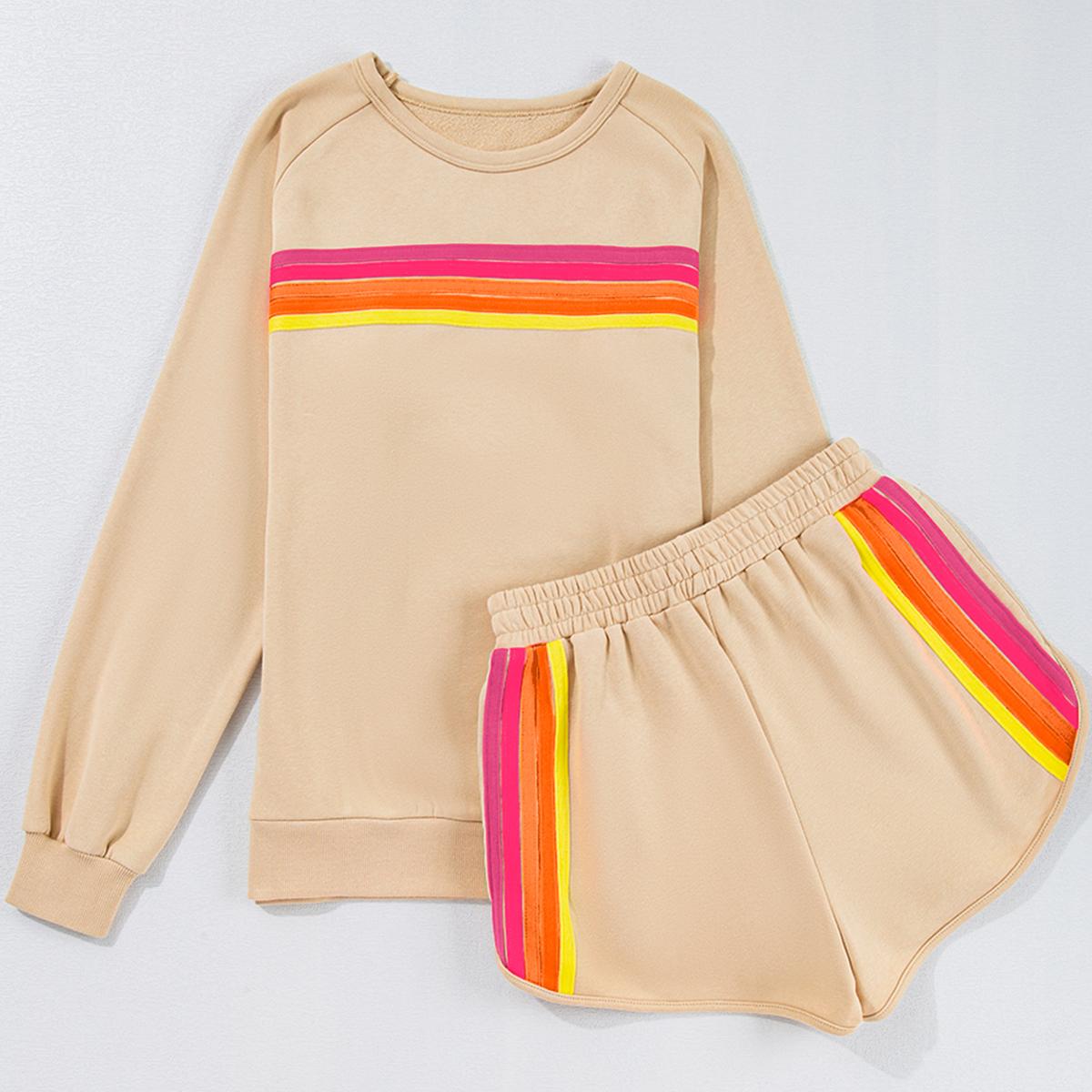 Women's Pullover and Shorts Two Piece Casual Set with Striped Accent,Long Sleeve Sweatshirts and Matching Pants Outfit Chic Womenswear for Everyday