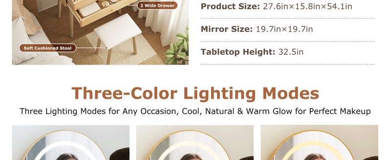 Small Wood Vanity Desk with Mirror & Lights Space-Saving Makeup Table with Drawers Adjustable Brightness Elegant Functional Vanity for Narrow Spaces