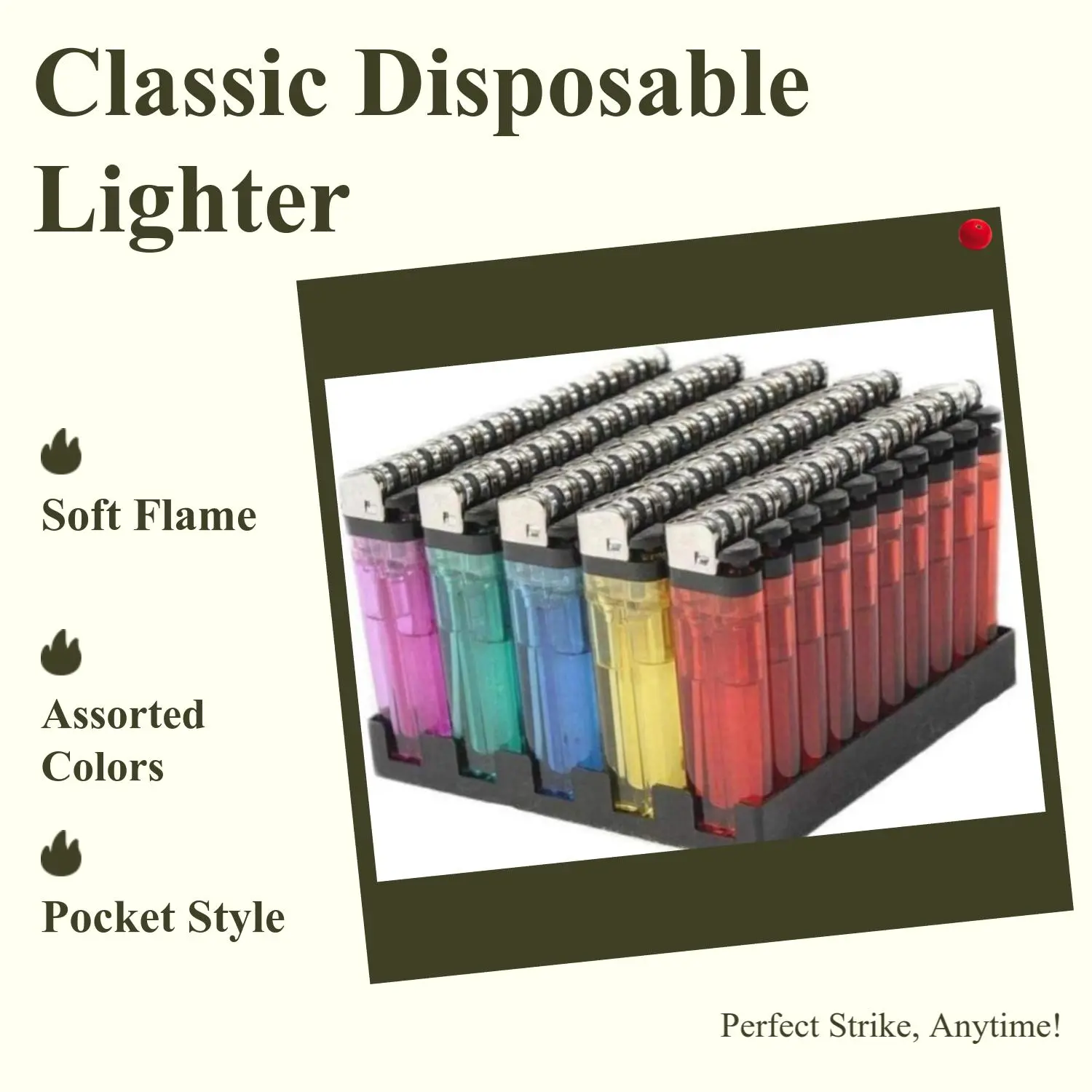 Lot Classic Disposable Lighter Soft Flame Kitchen Lighter - Newly Improve Quality Upgraded, Perfect Strike Every Time - Lighters in Assorted Colors, Pocket Style - Pack of 50