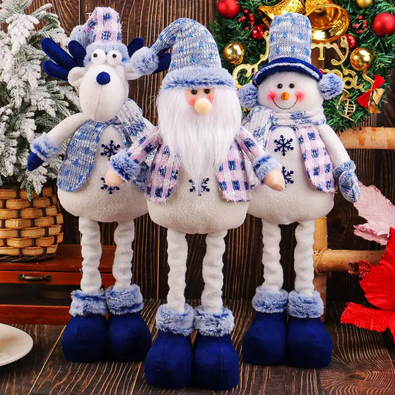 New Blue Santa Claus Elk Christmas Tree Snowman Decoration Creative Retractable Plush Doll Pendant