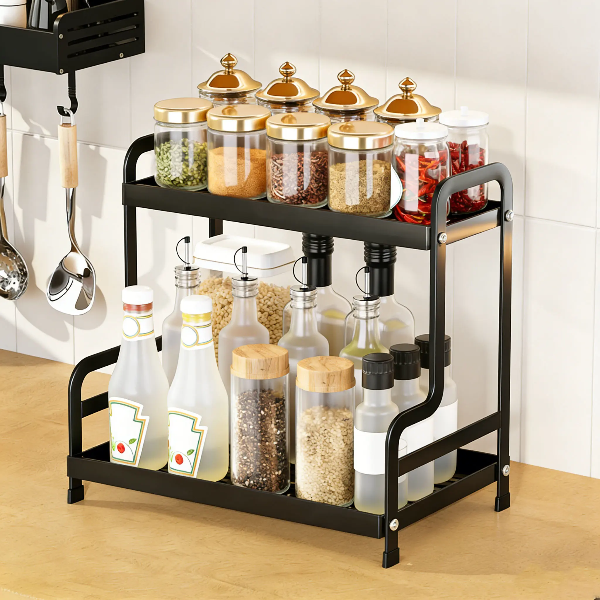Kitchen Spice Rack, 1 Count 2 Layer Seasoning Storage Rack, Space Saving Storage Rack for Kitchen, Bathroom, Living Room, Bedroom, Organiser, Countertop Organizer
