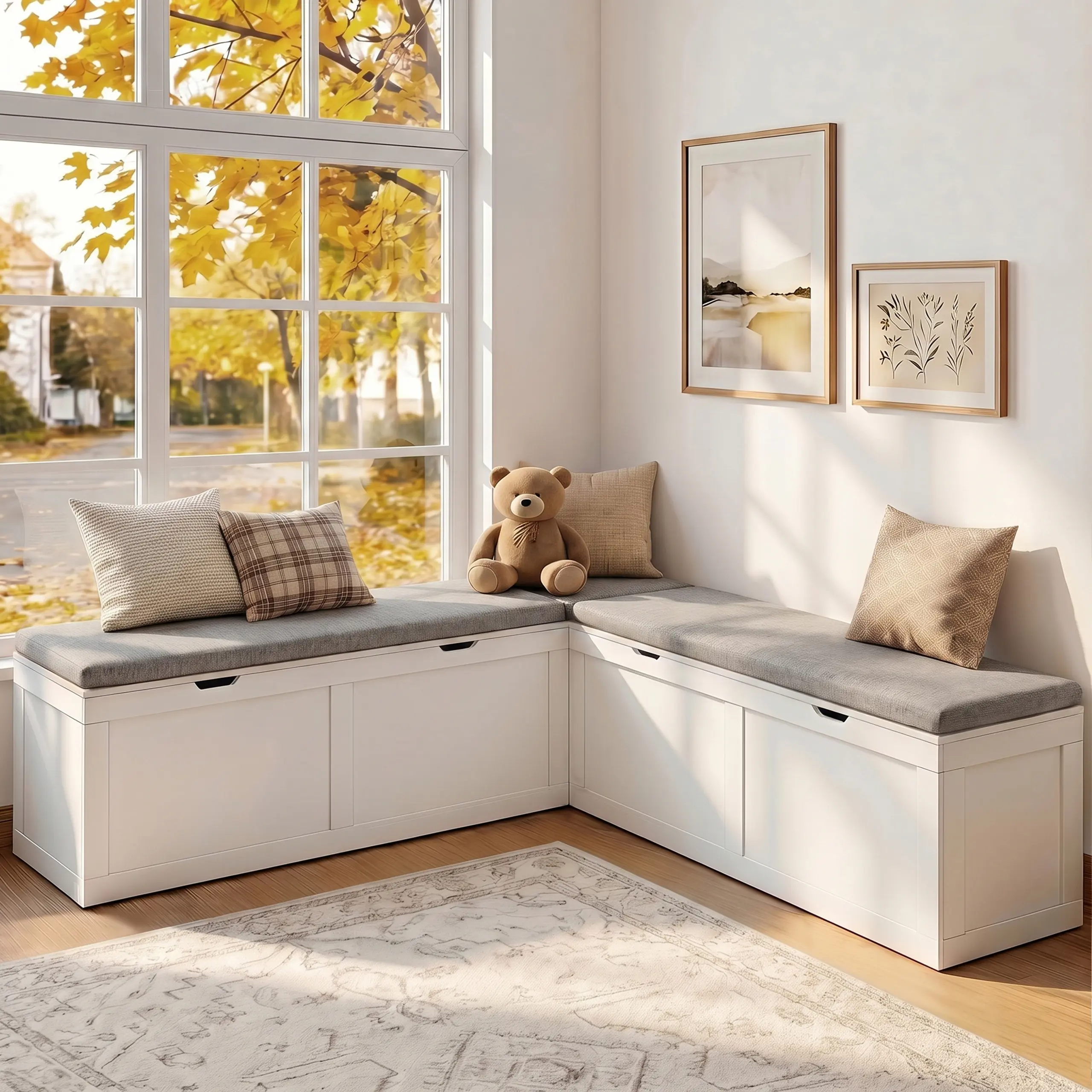 L Shaped Storage Bench with Cushion. 63 Inch Corner Breakfast Nook Bench with Hidden Storage .Upholstered L Shape Corner Bench for Kitchen Dining Room Entryway