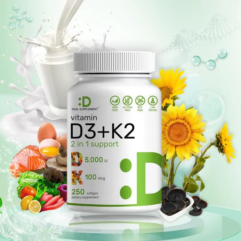 Vitamin D3K2 250 Veggie Softgels 2 in 1 5000 lU D3100mcg K2 MK7 for Healthy Bones Teeth Heart ImmuneSystem Calcium Absorption Top Selling Product