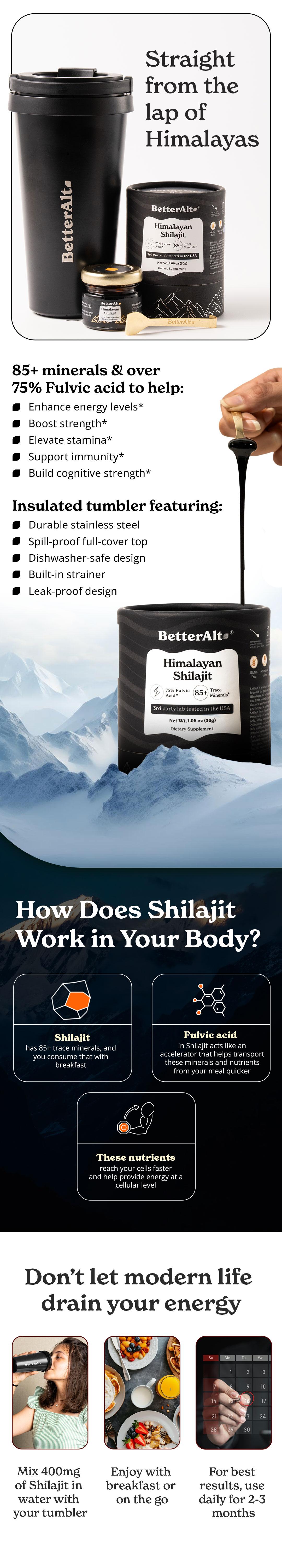 BetterAlt Himalayan Shilajit w/ Stainless Steel Tumbler | Lab-tested for purity | Vacuum-insulated Portable Drinkware