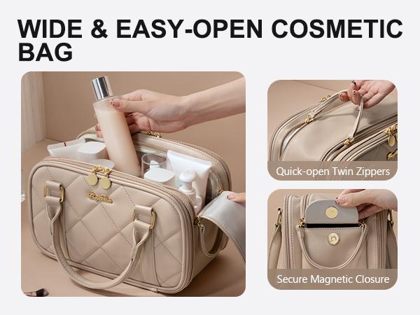 Bagstellar Wide-open  Makeup Bag, PU Leather Toiletry Bag for Women, Quilted Travel Bag Organizer Water-resistant Cosmetic Bag with Handle for Toiletries, Essentials, Accessories