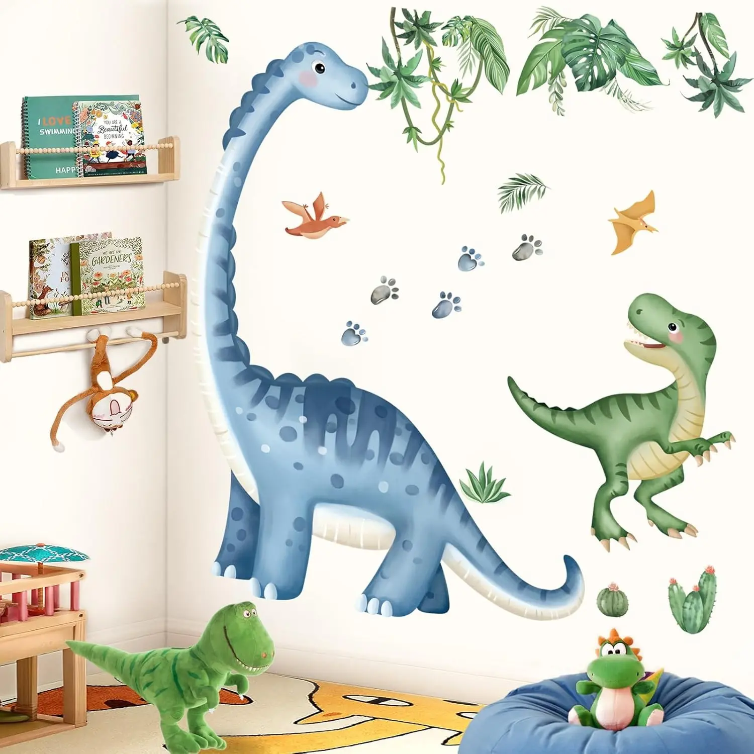 Blue Dinosaur Animal Wall Sticker, Decorative Wall Sticker, Dinosaur Footprint Forest Peel-Off Wallpaper, Ideal for Bedroom Living Room Dining Game Room Decor, Decoration Items
