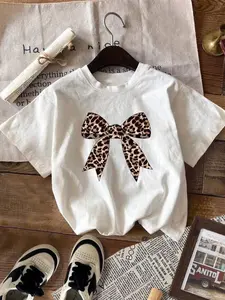Women's Leopard Bow Print Round Neck Tee, Classy Casual Short Sleeve T-shirt for Summer, Ladies Clothes for Daily Wear