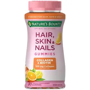 Premium Nature's Bounty Optimal Solutions Hair, Skin & Nails with Biotin and Collagen, Citrus-Flavored Gummies Vitamin Supplement, 2500 mcg, 80 Ct, 40 Total Servings
