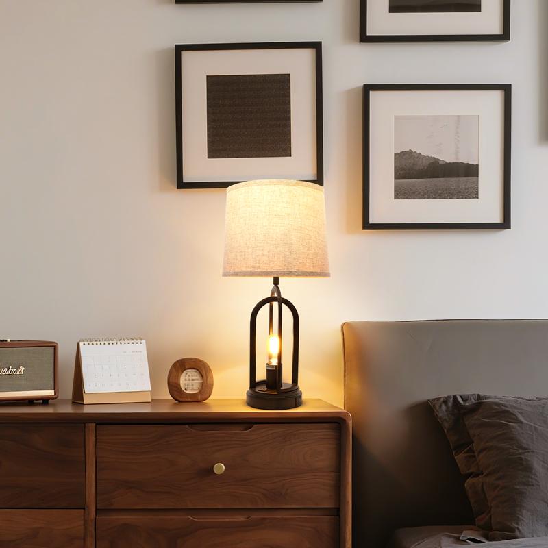 GLITGATE Set of 2 Rustic-Style Table Lamp, Natural Table Lamp with 2 USB Ports, Bedside Table Lamp with Button Control, Modern Night stand Lamp, Desk Farmhouse Lamp with Fabric Shad For Bedroom, Living Room, Reading, Decorative Home