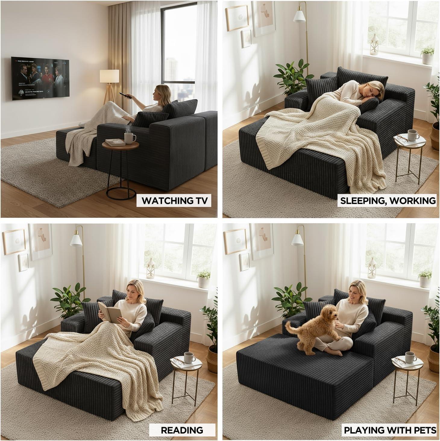 Oversized Chaise Lounge Chair Indoor, Corduroy Upholstered Boneless Sofa Bed, Deep Seat Sleeper Couch Reading Chairs,No Assembly Required,Cloud Sofas Couches for Living Room bedroom with 3 Pillows, Modern Reading Chair Oversized Chaise Lounge Chair Indoor, Corduroy Upholstered Boneless Sofa Bed, Deep Seat Sleeper Couch Reading Chairs,No Assembly Required,Cloud Sofas Couches for Living Room bedroom with 3 Pillows, Modern Reading Chair