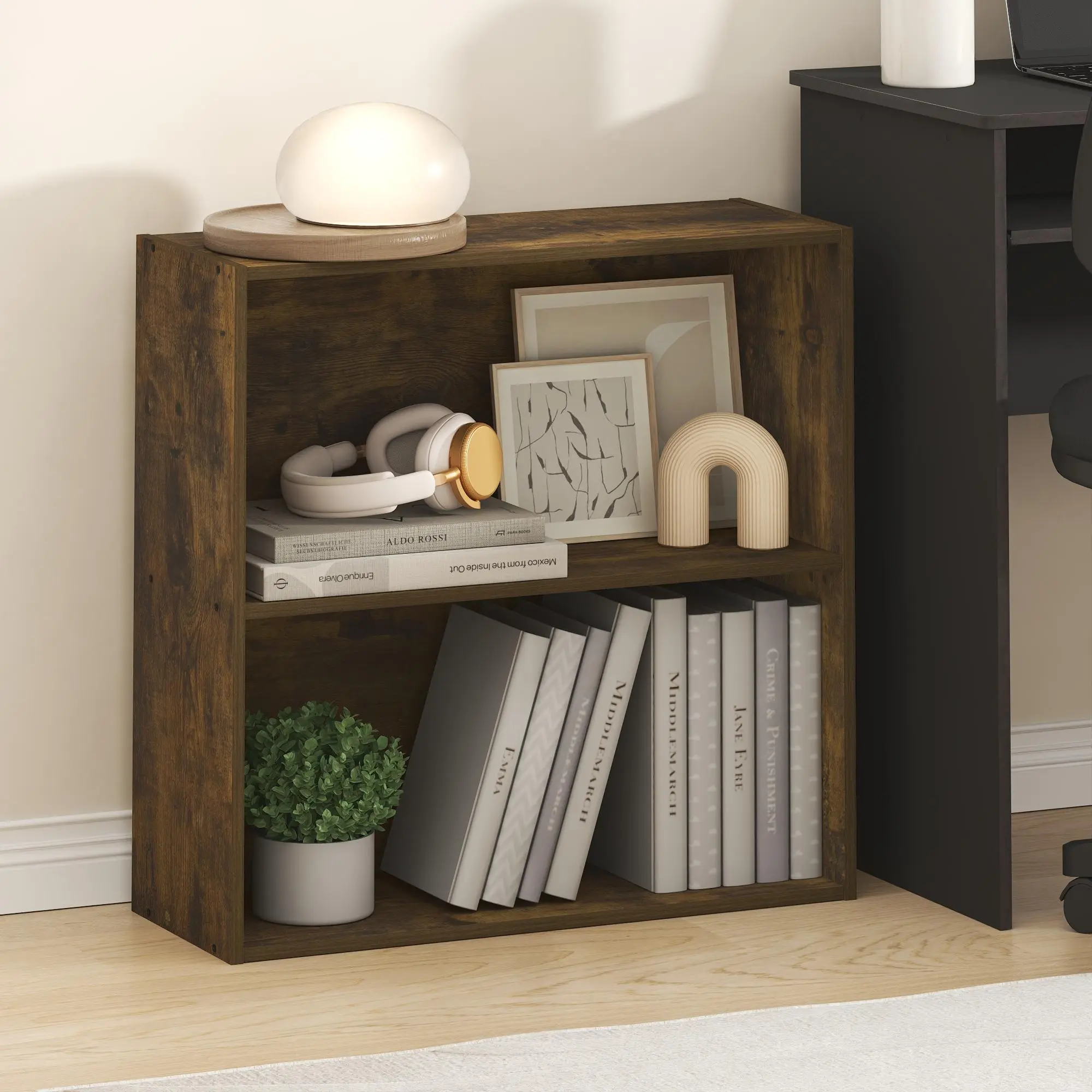 PASIR 2-Tier Open Shelf Small Size Bookshelf, 9.0x24.6x23.7in Amber Pine Space-Saving Indoor Furniture, for Living Room, Home Office, Small Spaces Organization, Single Unit