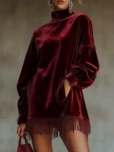 Women Contoure Velvet High Neck Mini Dress – Elegant Long Sleeve Party Dress Argie Noir