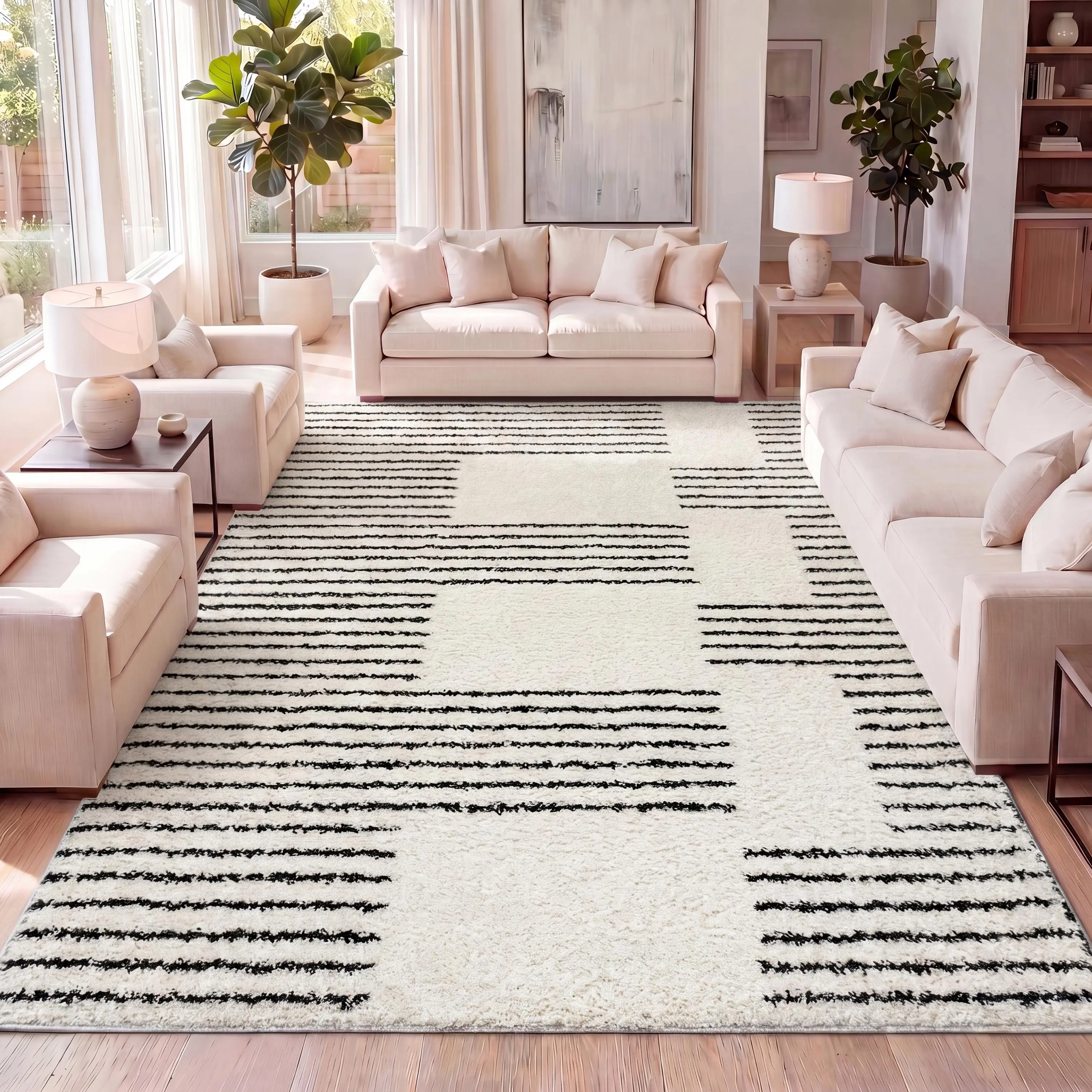 JONATHAN Y Petra Abstract Stripe Geometric Pattern Fluffy Modern Home Decor Decorative Indoor Floor Area Rug - for Living Room, Bedroom, Office, Home Decor Rug, Decorative Area Rug