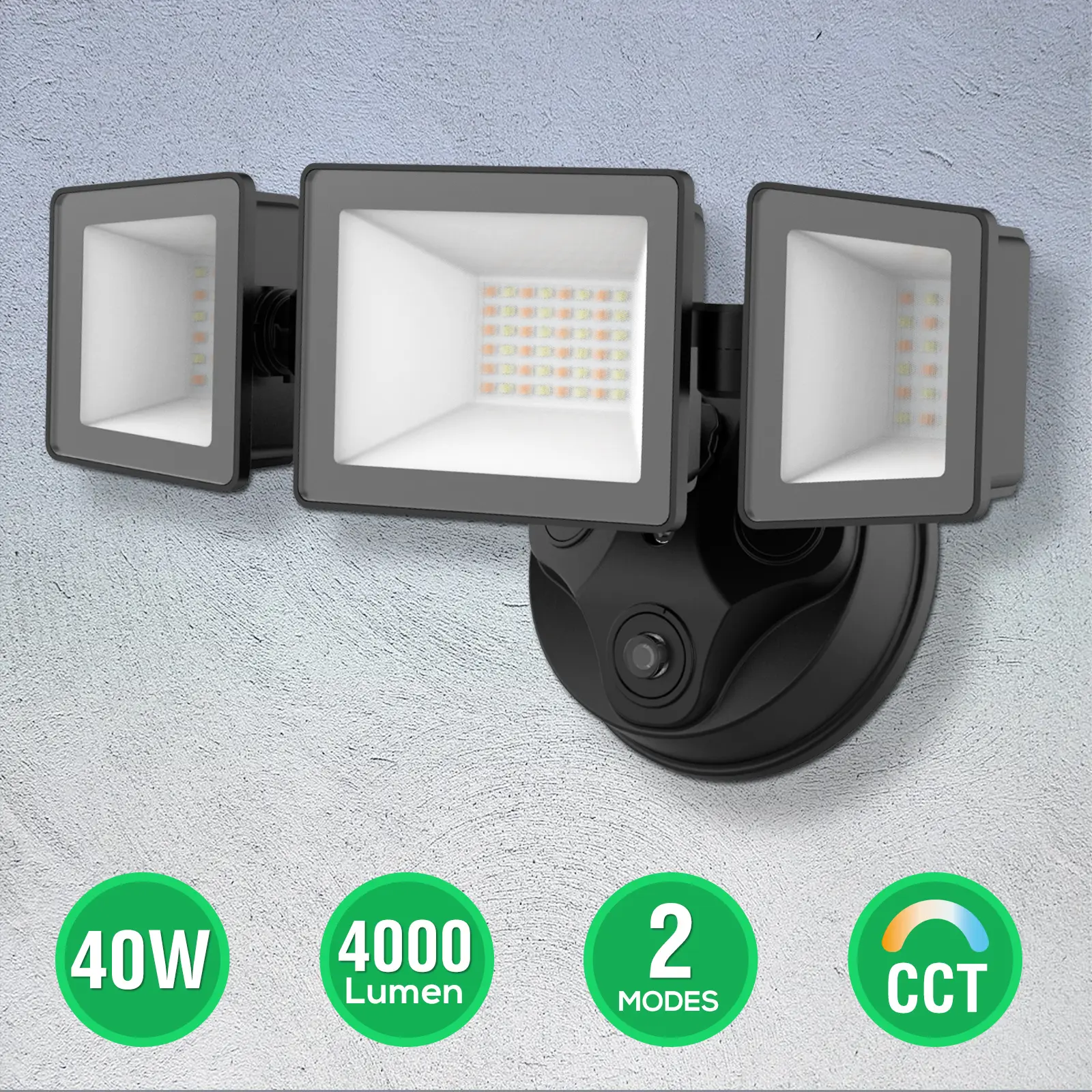 ALUSSO Dusk to Dawn Adjustable Outdoor Security Light, 40W 4000LM, 3 Color Temperature Options (3000K/4000K/6000K) 3CCT 3 Heads, IP65 Waterproof, 2 Modes, for House & Garage, 1 Pack, Black