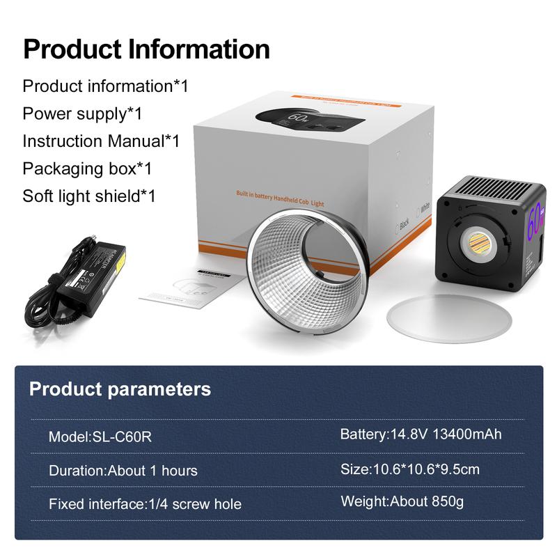 RGB COB Video Light - Compatible with Tripod - 60W USB Charging - Wireless Fill Light, 24 Scene Modes, 13400mAh Battery (5-hour battery life) Suitable for Vlogs, Live Streaming, Photography, and Professional Studio Lighting