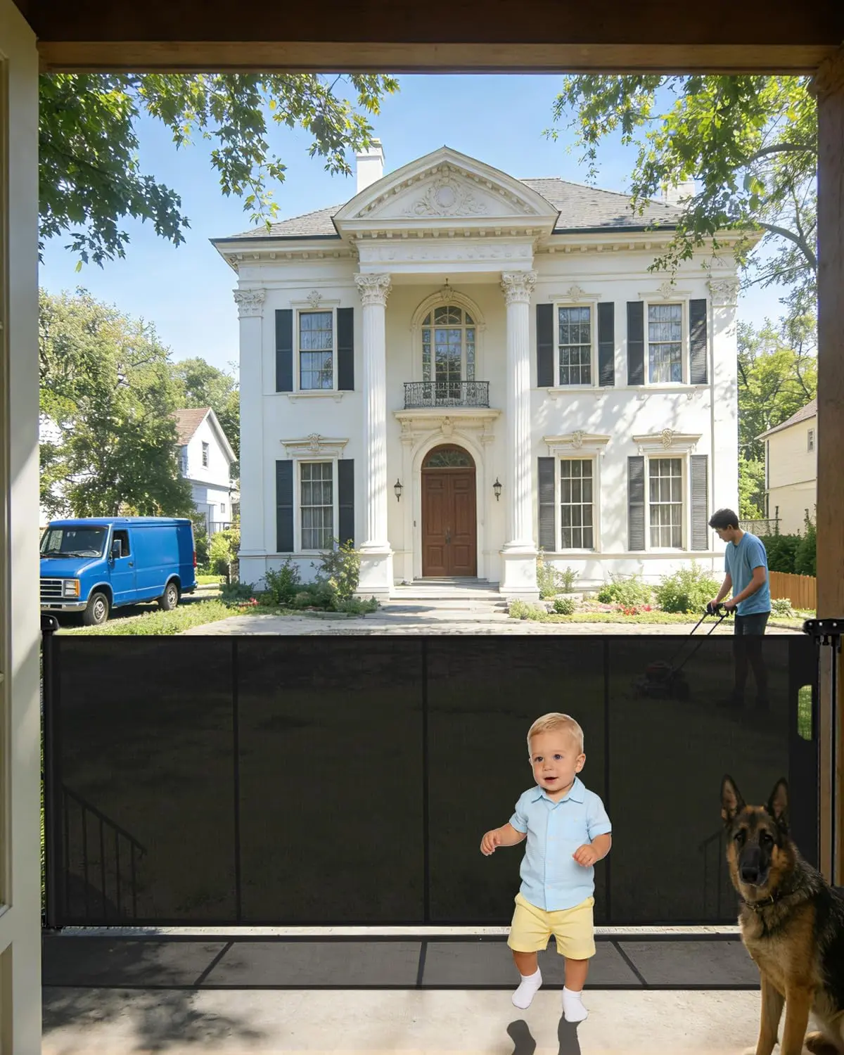 80" Wide Retractable Baby Gate for Stairs, 42" Extra Tall Retractable Dog Pet Gate with Support Rods, Mesh Screen Child Safety Gate for Doorways Hallways Deck Porch, Outdoor Indoor Use