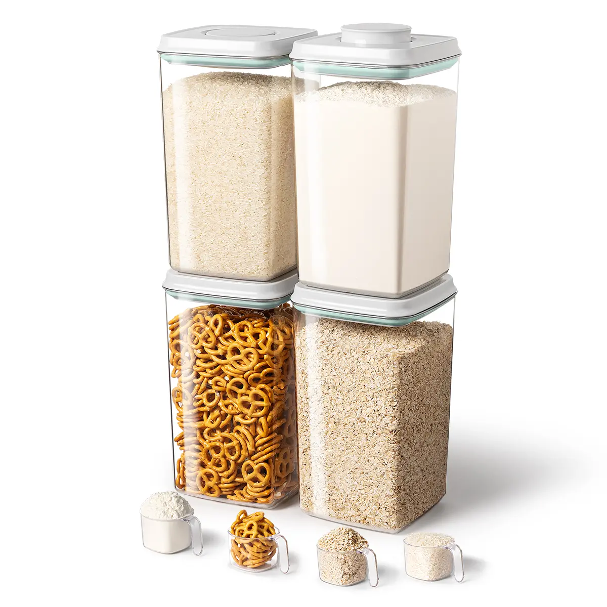 3-Piece Rectangular Plastic Airtight Food Storage Containers Set - Push Button Opening, Leak-Proof, BPA-Free, Transparent, Stackable 1.2 QT Containers for Fridge Organization, Cupboard, Snacks, Coffee, Pantry