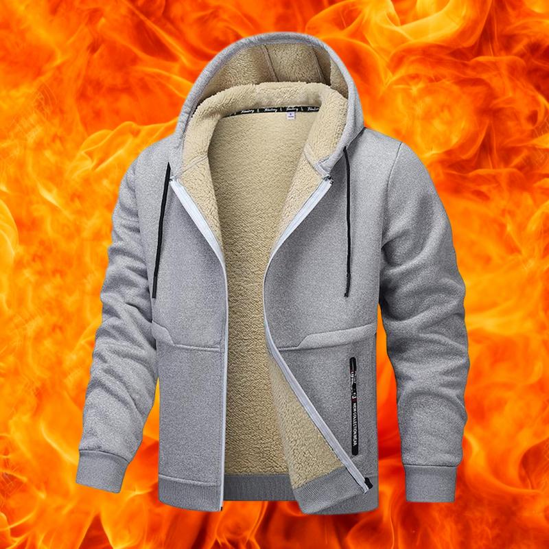 Men's Casual Zipper Wool Lined Hoodie - 100% Polyester Solid Color Long Sleeve Jacket, Lightly Stretchable Fabric, Suitable for Spring, Autumn, Hiking & Outdoor Activities, Regular Fit Hooded Sports Shirt, Men’s Warm Coat, Day Fleece Menswear  Beige Black