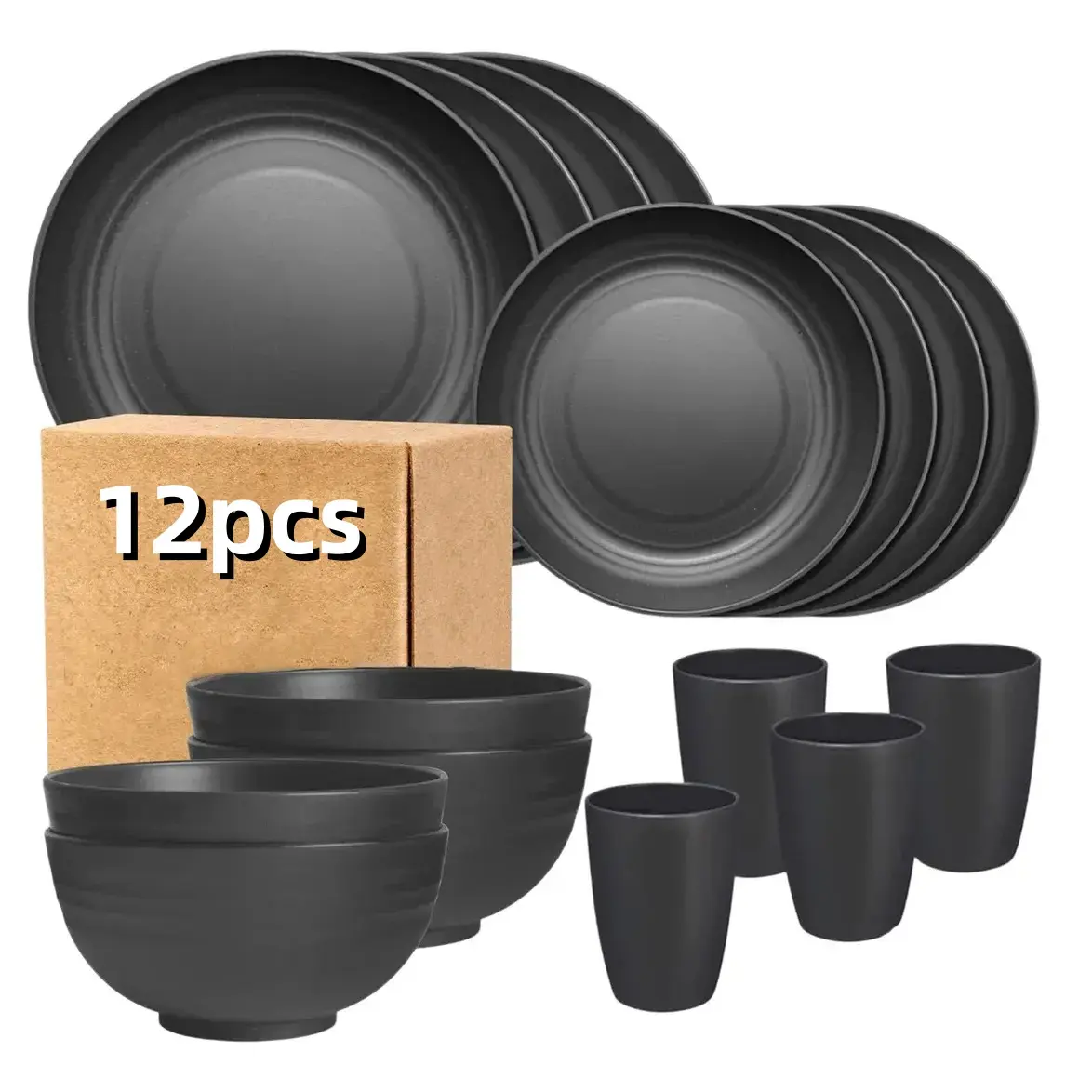 12-Piece Eco-Friendly Wheat Straw Plastic Tableware Set - Colorful, Chip-Resistant, Unbreakable Deep Black Plastic Dinnerware with Plates, Dessert Plates, Cereal Bowls, Cups for Outdoor Camping Disposable Home & Party Supplies