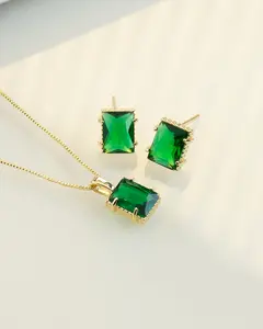 Small Luxury Square Emerald Green Necklace & Earring Set - 18k Gold Plated, Nickel-Free, High-Quality Foundry Fabrication, Safe for Sensitive Skin