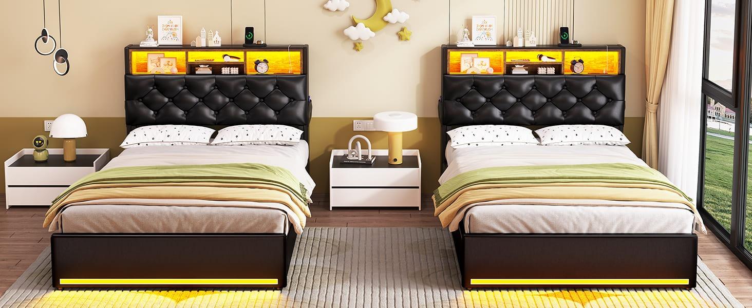 Sikaic Upholstered Platform Bed Frame with LED Lights & Charging Station Hidden Storage Headboard and 4 Drawers PU Black Bedroom Set Unique Bedroom Furniture
