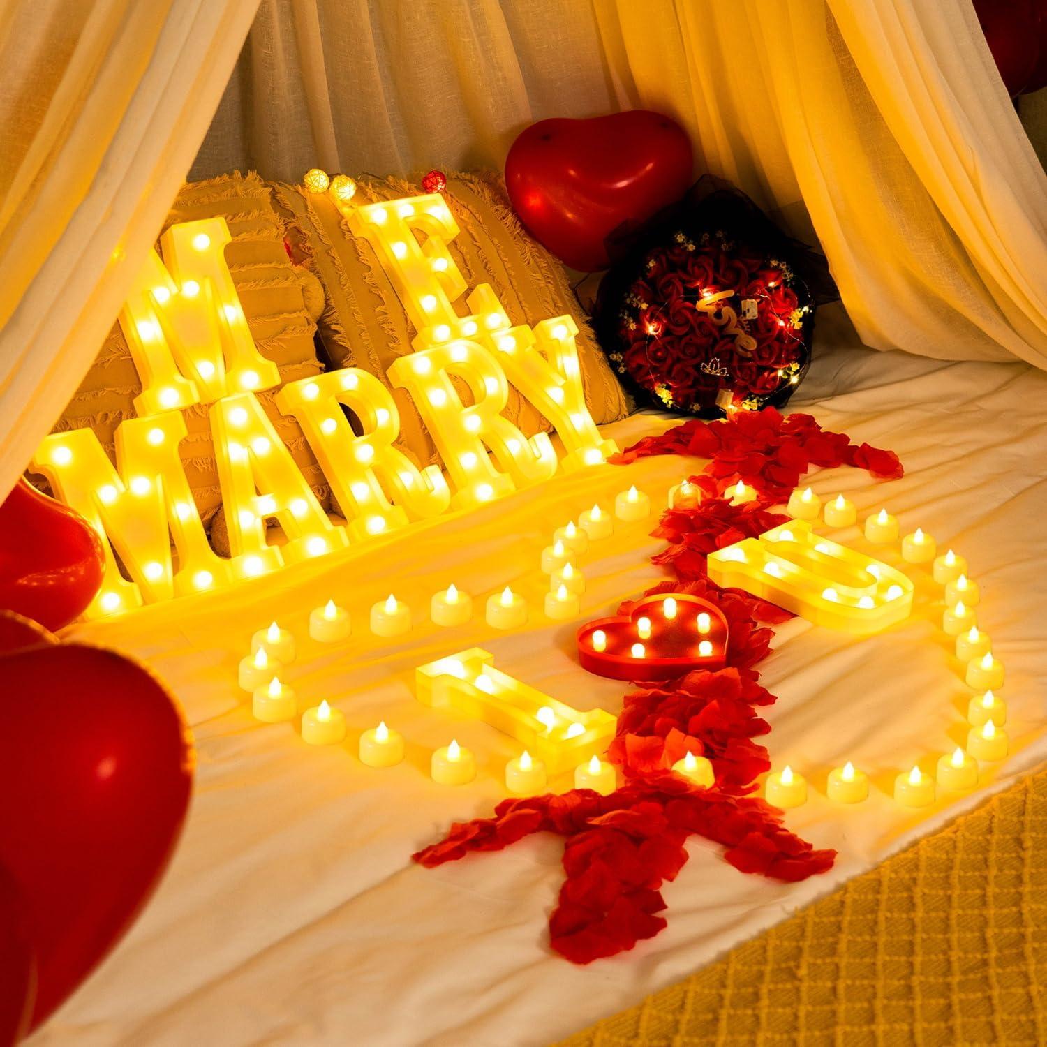 I Love U Light Up Letters Proposal Decorations with 24 Flameless Candles 1000 Red Rose Petals & 30 Red Balloons for Valentine's Day Wedding Romantic Night I Love U Light Up Letters Proposal Decorations with 24 Flameless Candles 1000 Red Rose Petals & 30 Red Balloons for Valentine's Day Wedding Romantic Night