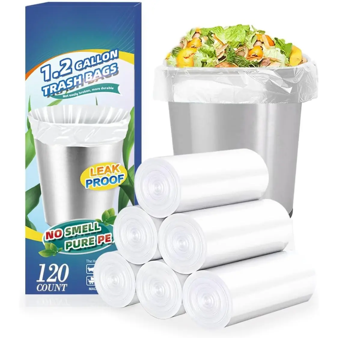 1.2 Gallon 120 pcs(1-1.2 Gal) Small Clear Trash Bags, Strong 1 Gallon 1.2 Gallon 1.3 Gallon Garbage Bags, Bathroom Trash Can Bin Liners,Mini Bags Waste Basket Liner,Fit 5 Liter, 1-1.2 Gal (1.2C120)