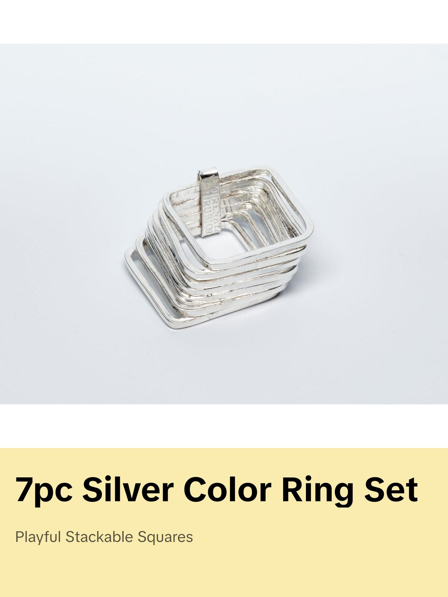 Set of 7 Silver Stacked Square Rings
