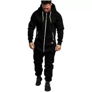 Men's Hooded Fleece Lined Jumpsuit Long Sleeved Full Zip Army Green Overalls with Kangaroo Bag for Casual Wear