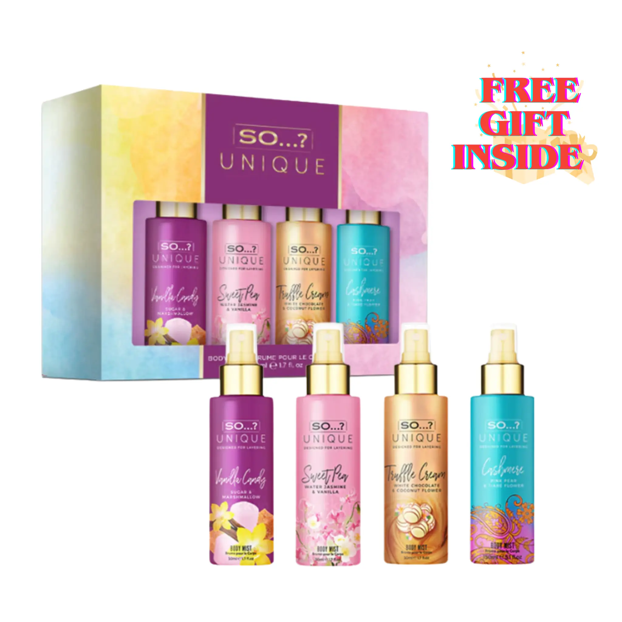 SO...? Unique 4PCS Body Mist Set - Vegan Cruelty-Free Perfumes for Women - Vanilla Candy, Sweet Pea, Truffle Cream, Cashmere - 650 to 1000 Sprays - Long Lasting Eau de Parfum Gift Set Long-Lasting Women's Floral-Fruity Perfume Set