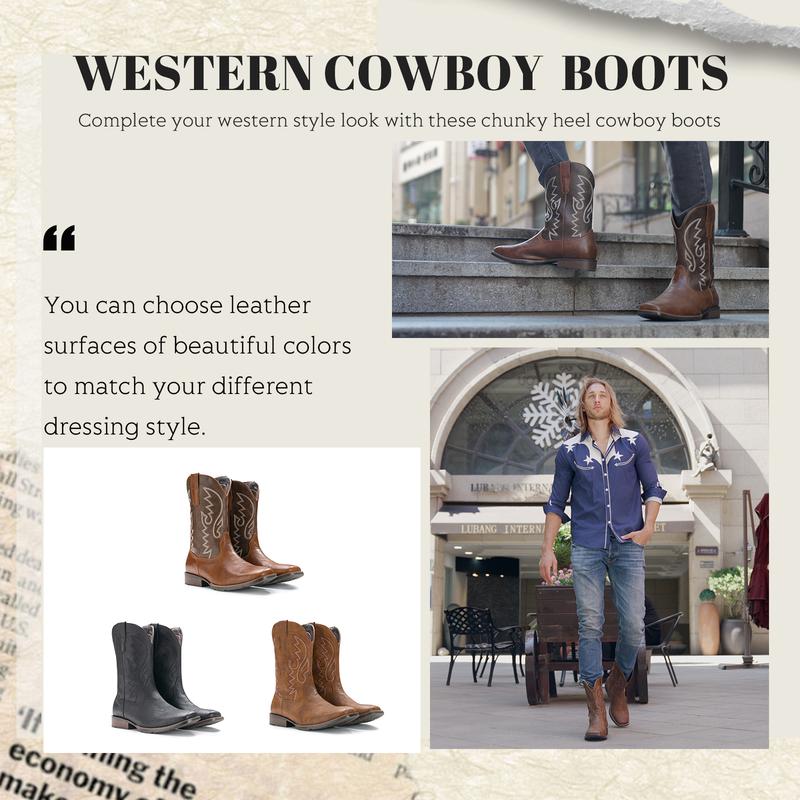 Cowboy Boots For Men with Wide Square Toe Western Retro Boot Durable Classic Fashionable Embroidered Pull On Slip Resistant Boots