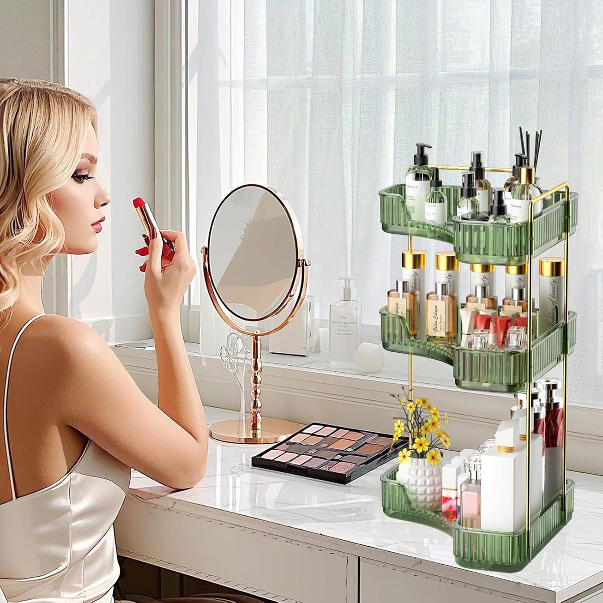 3 -layer cornering bathroom counter storage rack, table perfume tray and dressing table storage rack, cosmetics storage rack, bathroom, dressing table, kitchen corner storage rack (green)