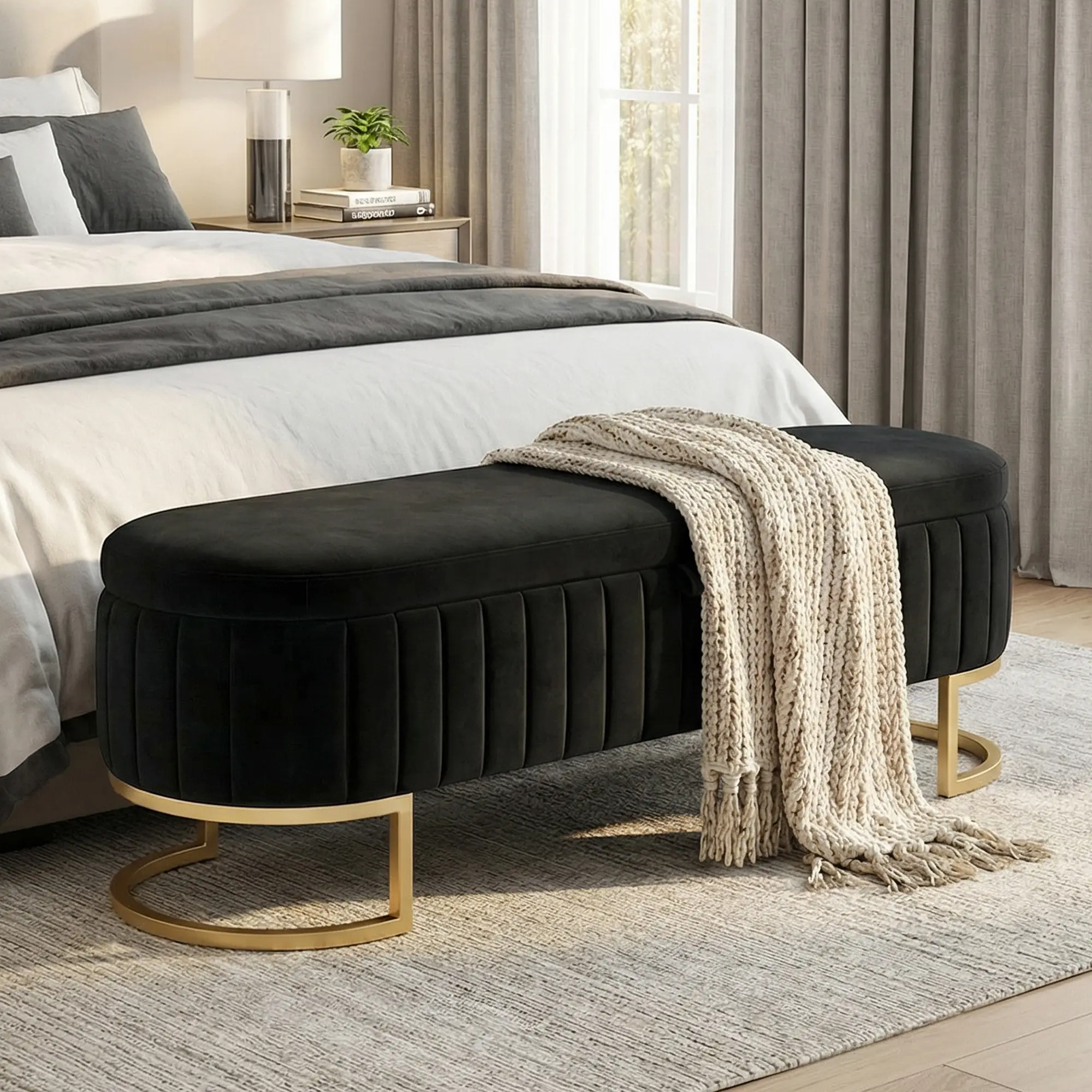 Homeokay Midcentury Modern Backless Soft Velvet Tufted Finish Storage Ottoman Bench - 51in/65in, 300 lbs Capacity, Cozy Touch, Multipurpose Indoor Furniture for Living Room, Porch, House Decor with Mid-century Charm