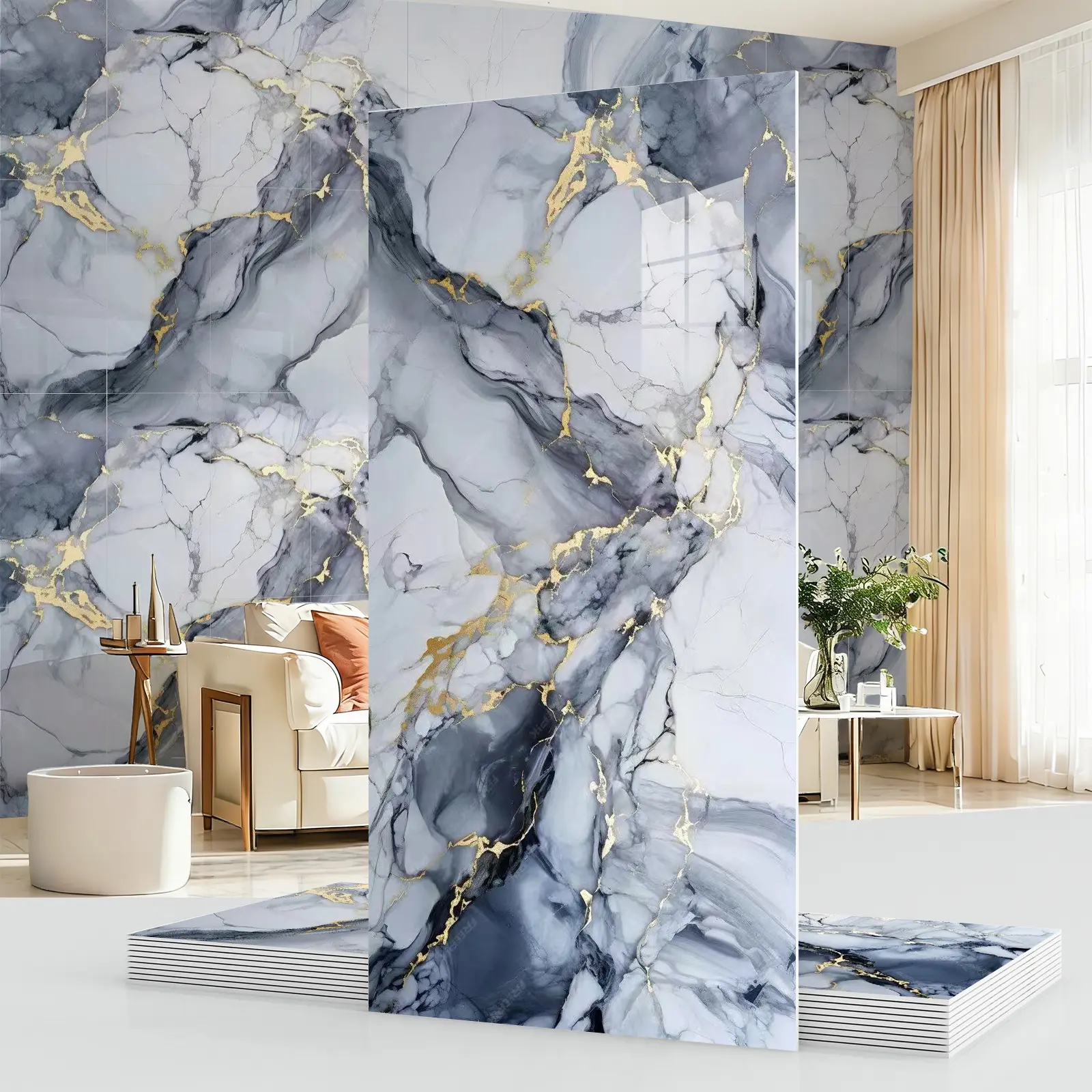 Marble-Look Decorative Wall Stickers – 20/40 pcs, smooth flat modern geometric design, 23.62 × 11.8 in PVC peel-and-stick waterproof self-adhesive panels; home decor supplies for living room, bedroom, office, kitchen, and more
