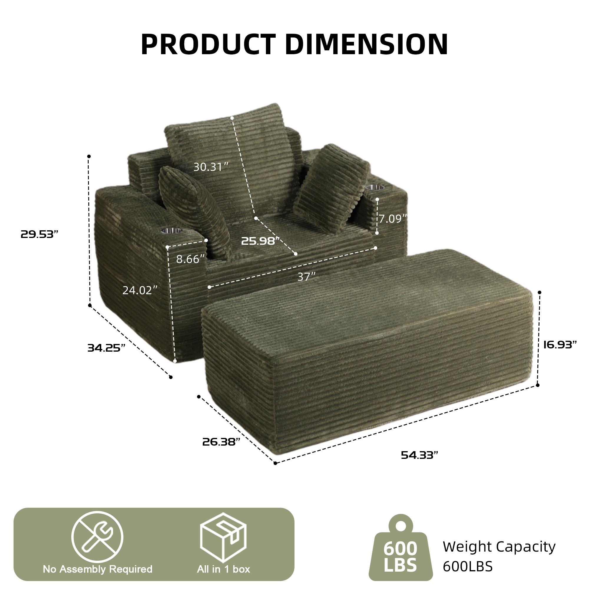 QAK 54" Boneless Chaise Lounge, Upholstered Sofa Bed with Cup Holder and Side Pockets, Indoor Leisure Lounge Chair, Luxury Plush Corduroy Chair Bed for Living Room, No Assembly Required