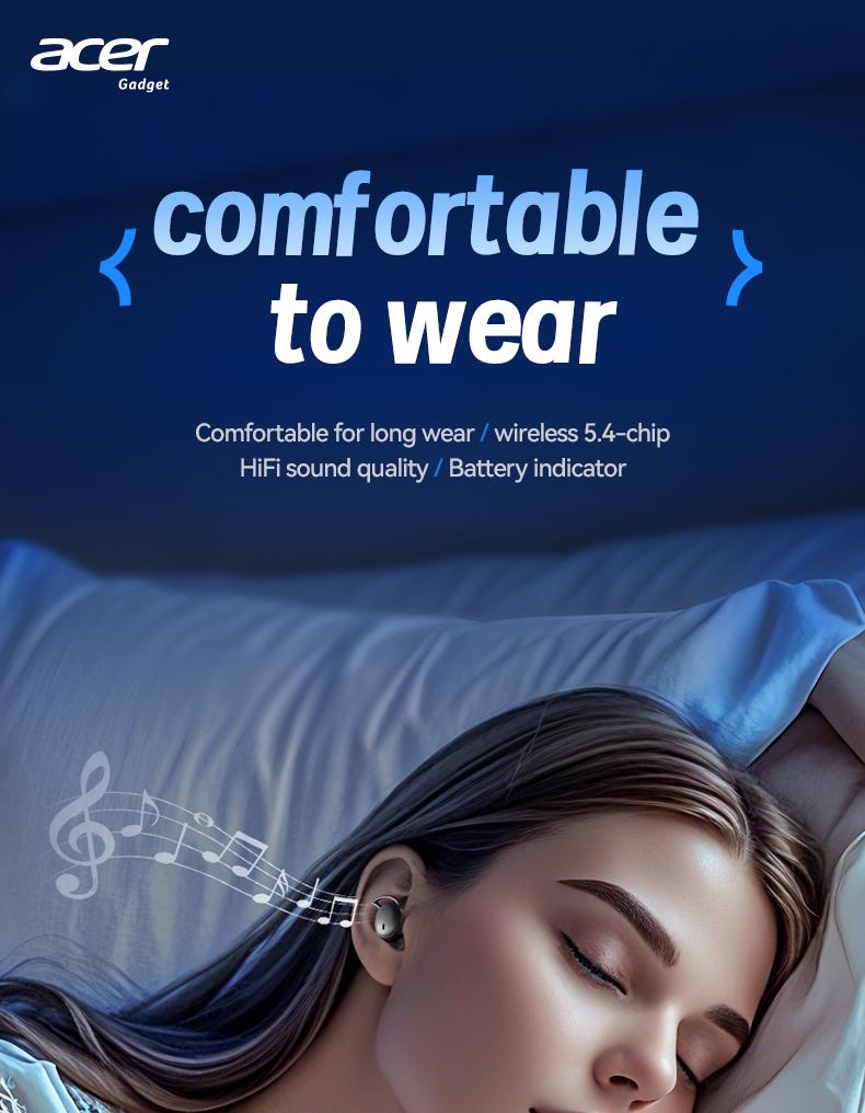 Acer OHR507 New Model Wireless Sleep-Friendly Wireless Earbuds - Comfortable Silicone In-Ear, High-Quality Sound, Long Battery Life, USB-C Charging, Touch Control,Adult Earbud Headphones Audio Headset Electronic stereo sound headphone Soft Earpads Black