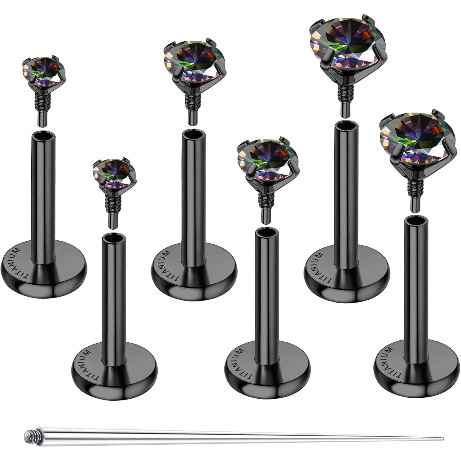 CASSIECA 3 Pairs G23 Titanium Flat Back Earrings Hypoallergenic 14K Plated Gold Filled Internal Thread Stud Earring 16G 18G Cartilage Helix Tragus Conch Piercing Jewelry Nose Lip Labret Studs for Women Men Flatback Post, Cubic Zirconia, Earrings Set