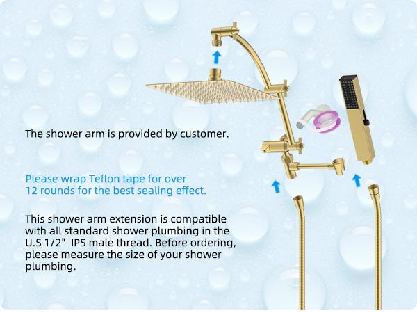 Hibbent All Metal 10'' Rainfall Shower Head, Shower Head Combo, High Pressure Handheld Shower Wand, 4 Sprays, 16'' Adjustable Arc-shaped Extension Arm, 71'' Hose, Showerhead Holder, Brushed Gold