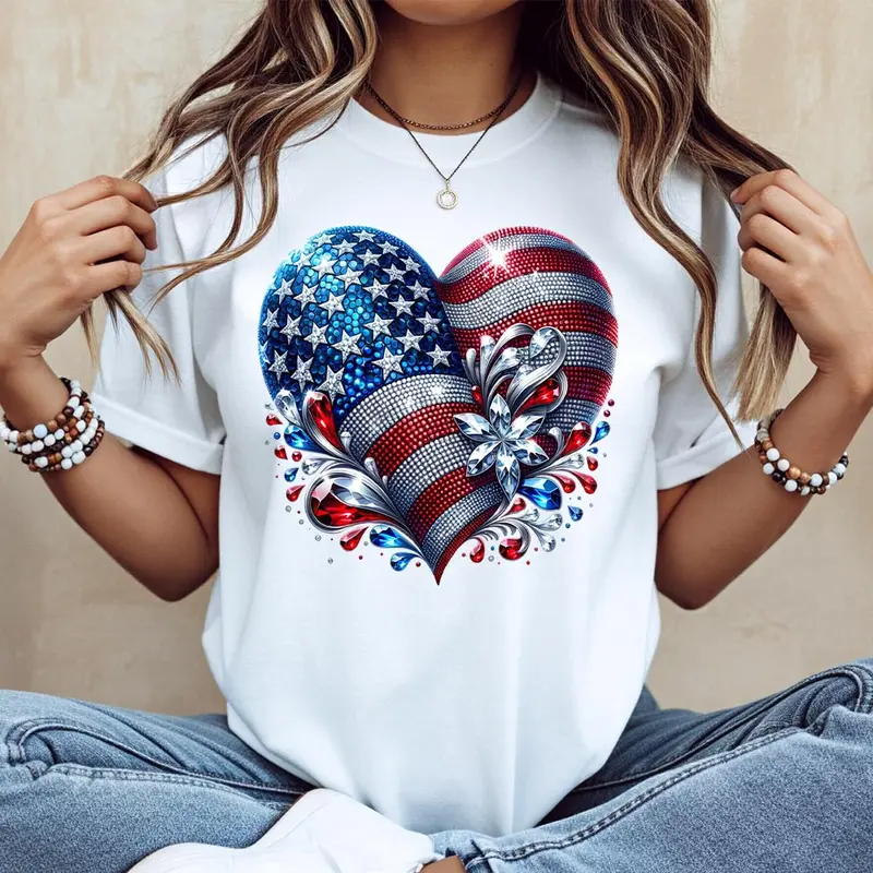 American Flag Heart Effect T-Shirt, Sparkly Patriotic Floral Graphic Tee, White Casual Cotton Top, 4th of July Independence Day Apparel Fit Blue