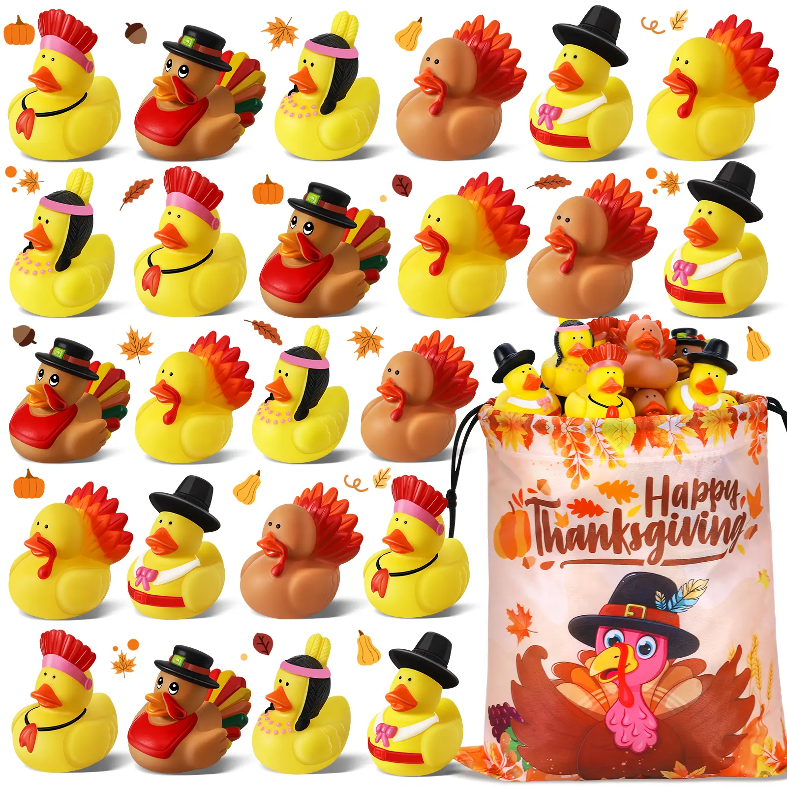 24 Pack Thanksgiving Rubber Ducks for Jeep Ducking & Cruise Ducking – Turkey Party Favors for Friendsgiving, Bulk Bath Toys for Kids, Harvest Festival Prizes, Classroom Rewards & Fall Holiday Gifts