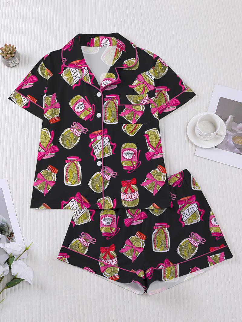 Elegant women's sleepwear set with knitted fabric short sleeved button top and shorts, pickled cucumber print home clothes, casual one-piece cartoon pattern sleepwear combination, lemon design essential short sleeved fashionable women's pocket style