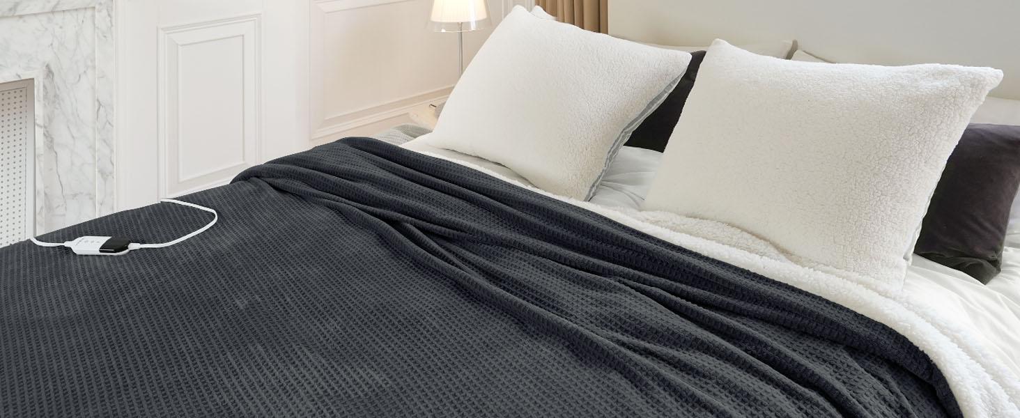 【Buy 2 get 1 poker blanket free】BLUNIQUE Heated Electric Waffle Sherpa Fleece Blanket Fast Heating 6 Levels 4H Auto-Off ETL-Certified Premium Waffle Sherpa Electric Blanket Automatic