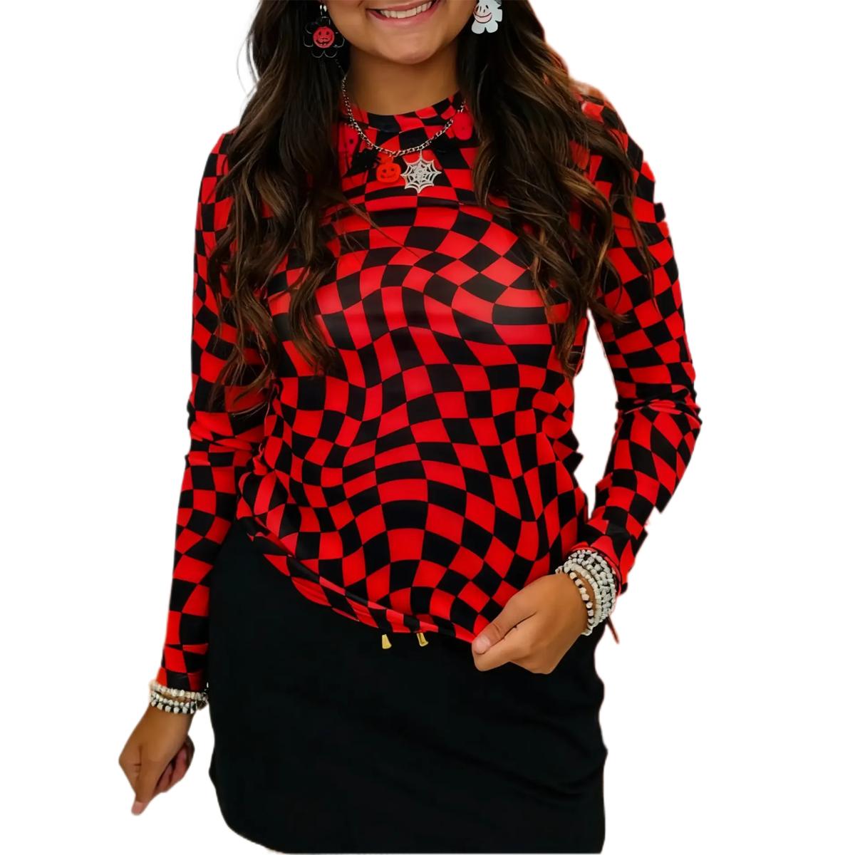 Znacicc Women's Super Chic Checkered Mesh Mock Neck  Winteroutfit Long Sleeve Top - Chic Shirt for Women - Womenswear