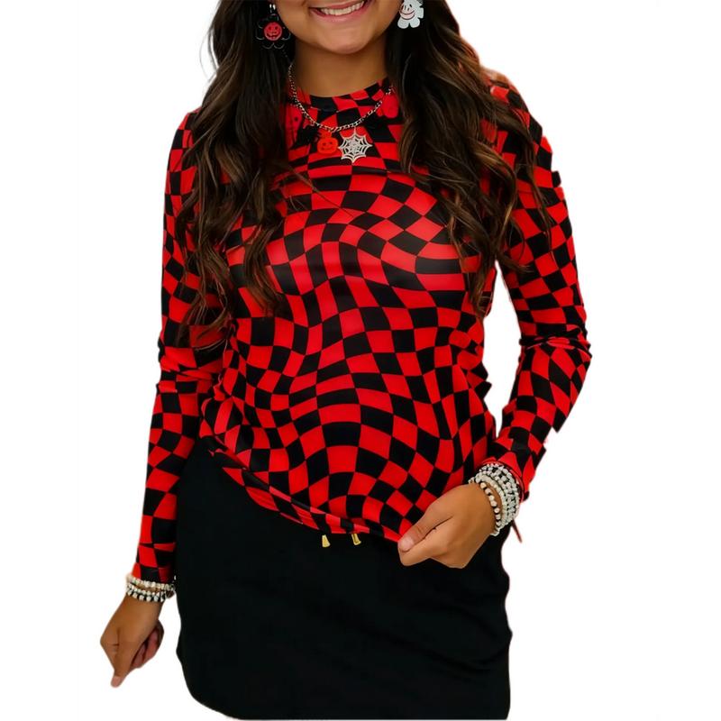 Znacicc Women's Super Chic Checkered Mesh Mock Neck  Winteroutfit Long Sleeve Top - Chic Shirt for Women - Womenswear