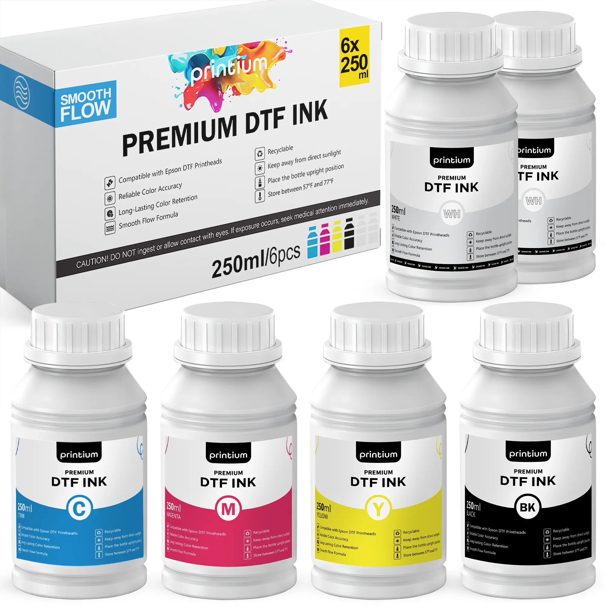 Premium DTF Ink Set - 6×250 ml (8.45 fl oz), CMYKWW Premium DTF Ink Set - 6×250 ml (8.45 fl oz), CMYKWW