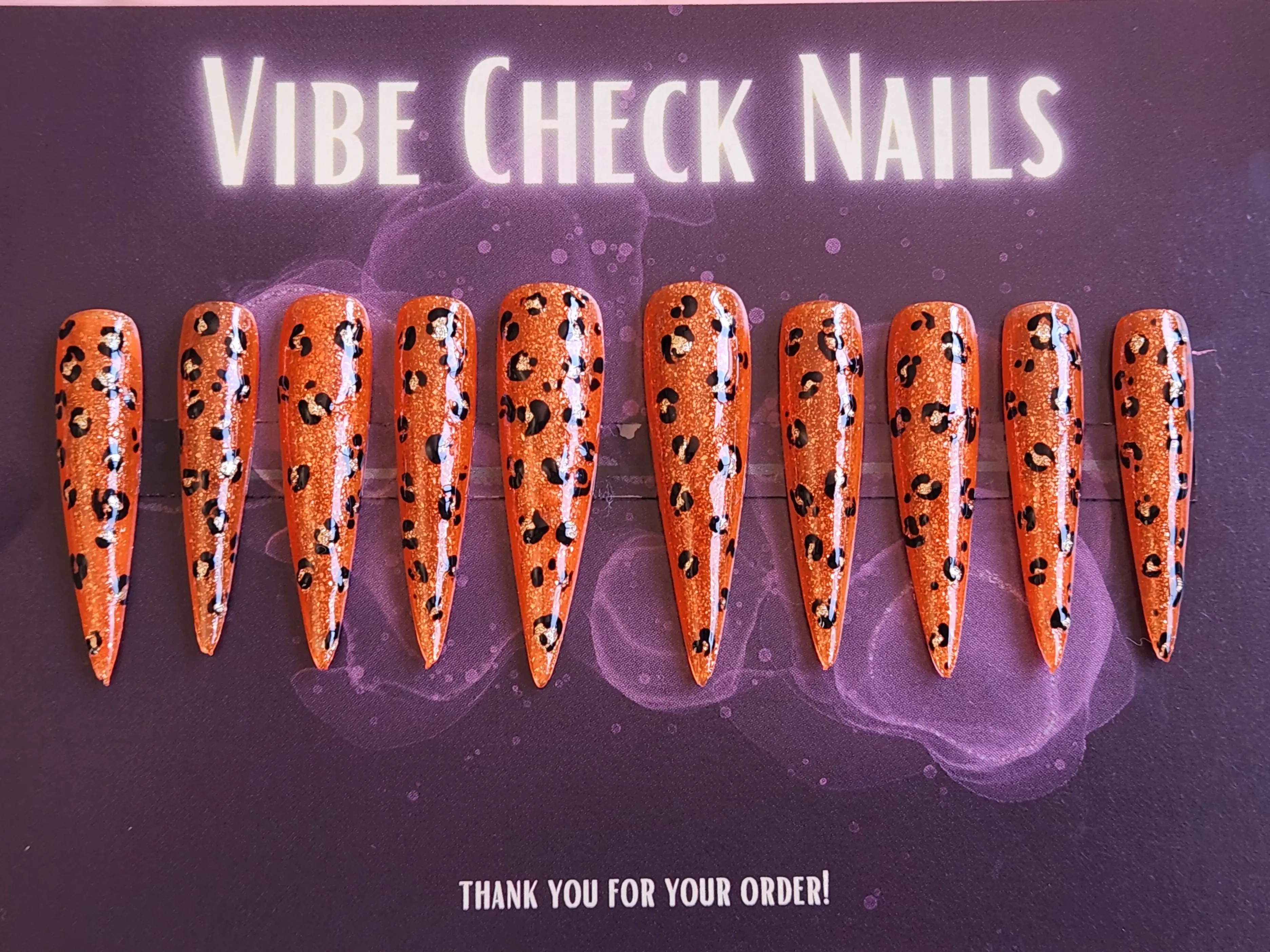 Long Stiletto Sparkly Orange Cheetah Print handmade gel press on nails