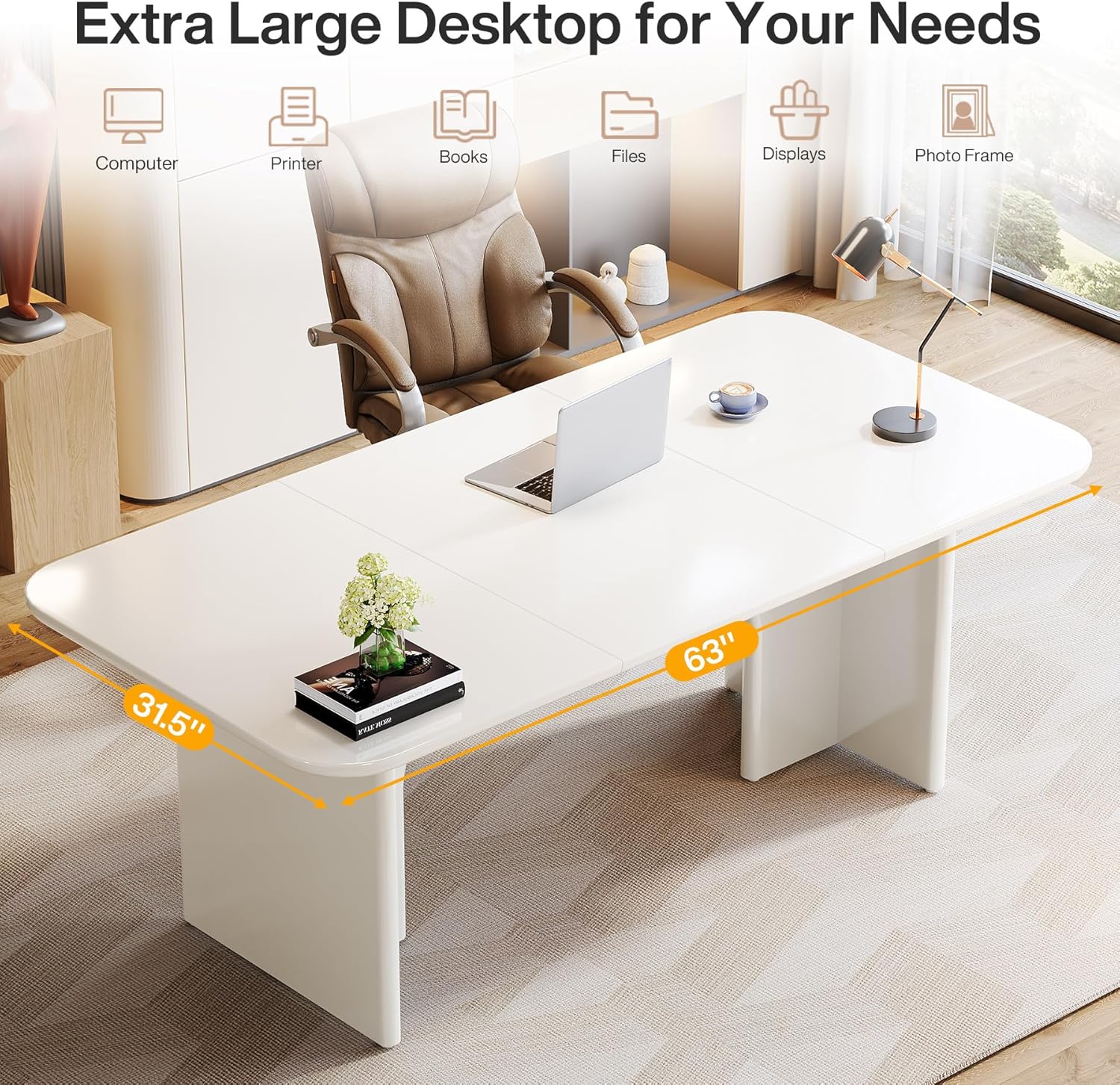 LITTLE TREE Modern White Dining Table for 4-6 People, 63" Large Rectangle Kitchen Table with Arch Design Legs, Dinner Table Kitchen & Dining Room Furniture