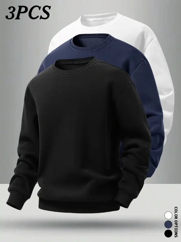3-Pack Men’s Simple Crew Neck Long Sleeve Sweatshirts Classic crew neck design drop shoulders loose fit multiple styles mix-and-match suitable for travel home work all occasions